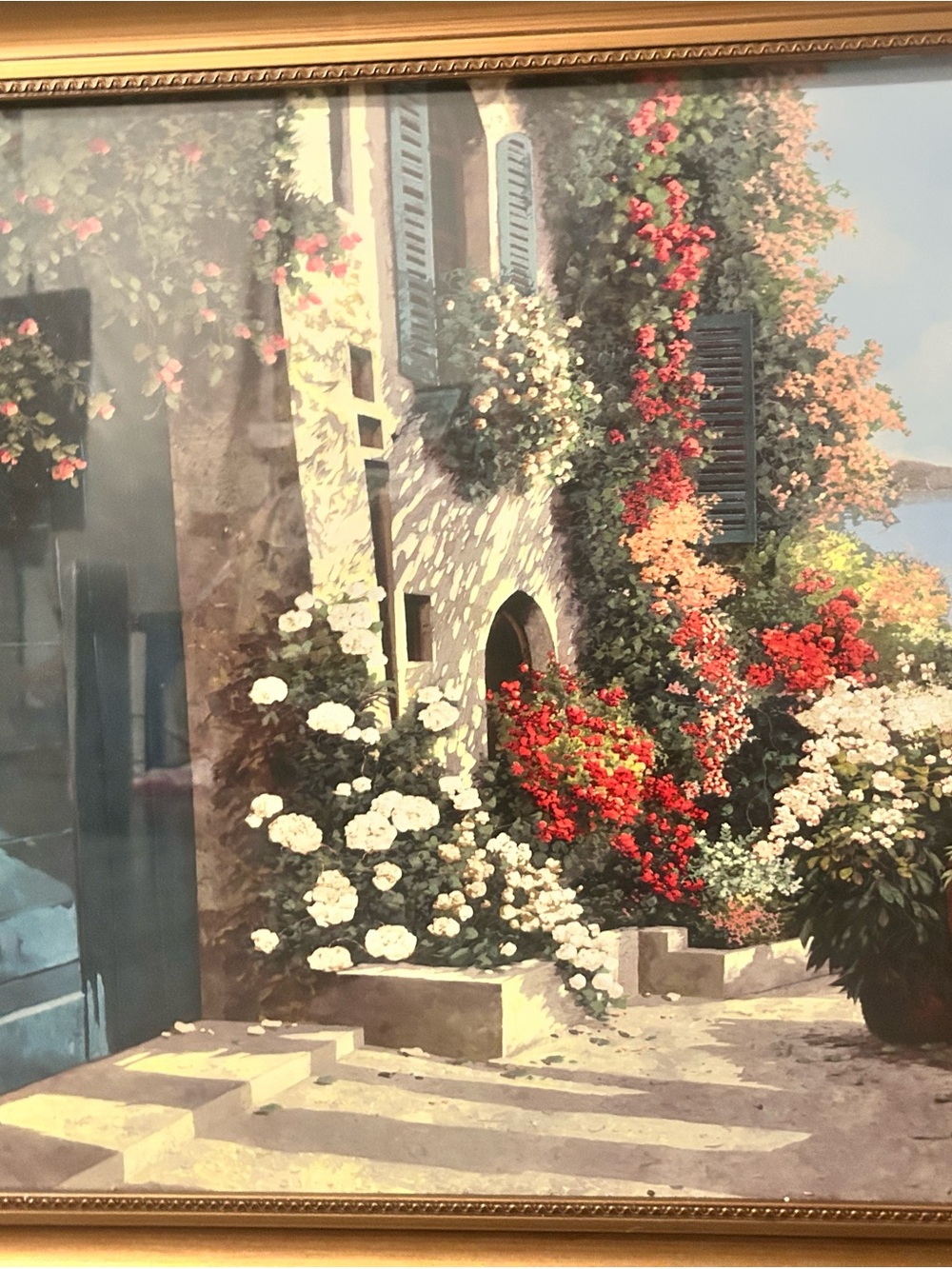 Framed Floral Courtyard Print in Red, White & Green